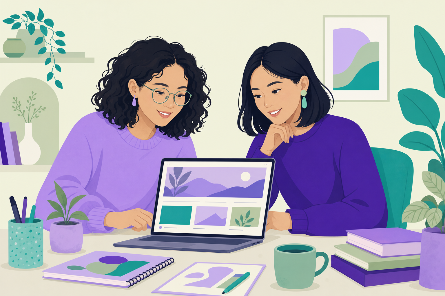 Two Asian creative professionals collaborating on a website design