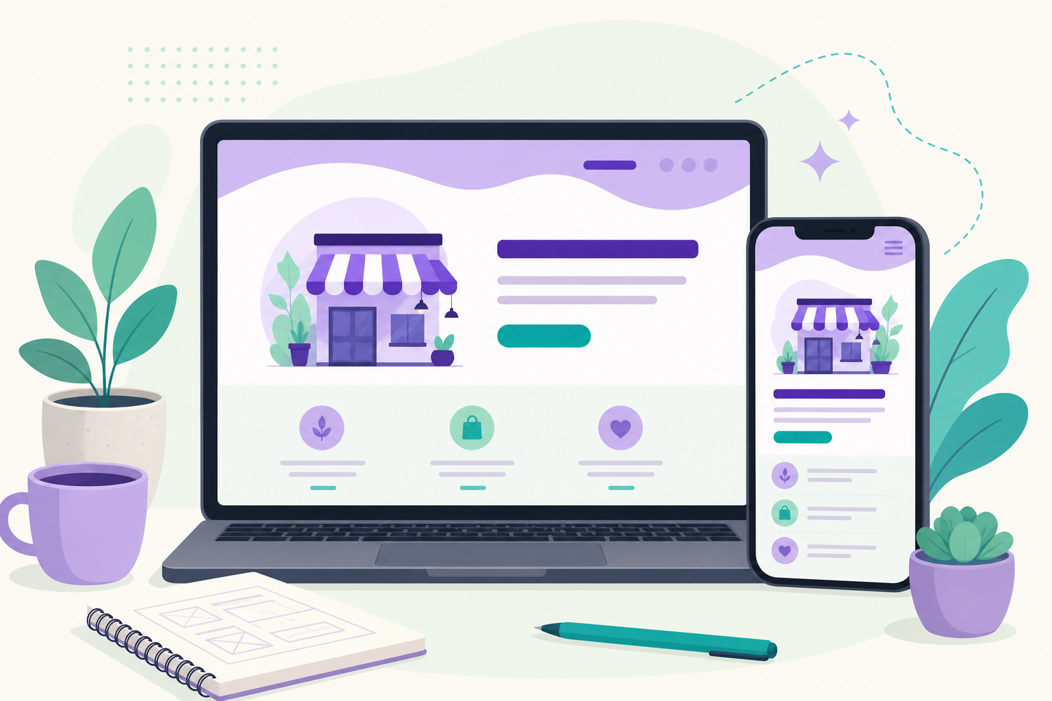 Illustration of a responsive website on laptop and phone